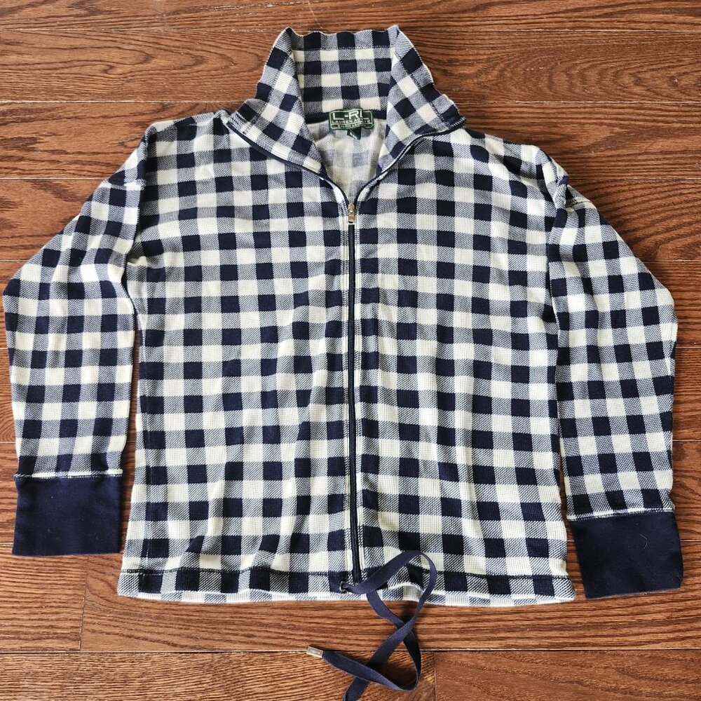 L-RL Ralph Lauren Active Zip Jacket Women Size S Black White Plaid Lightweight